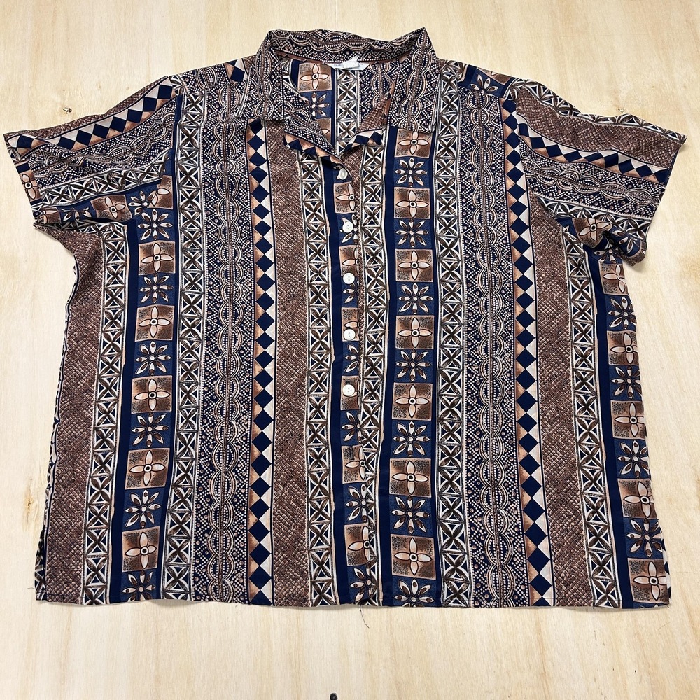 Vintage Ship 'N Shore Shirt Womens 3XL Blue Geometric Short Sleeve Button Up
